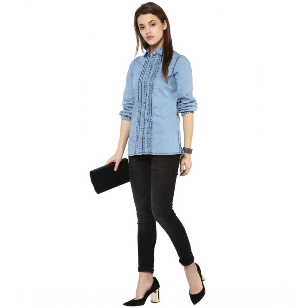 Amfyn Women's Denim Solid 3-4th Sleeves Standard Length Shirt (Blue)