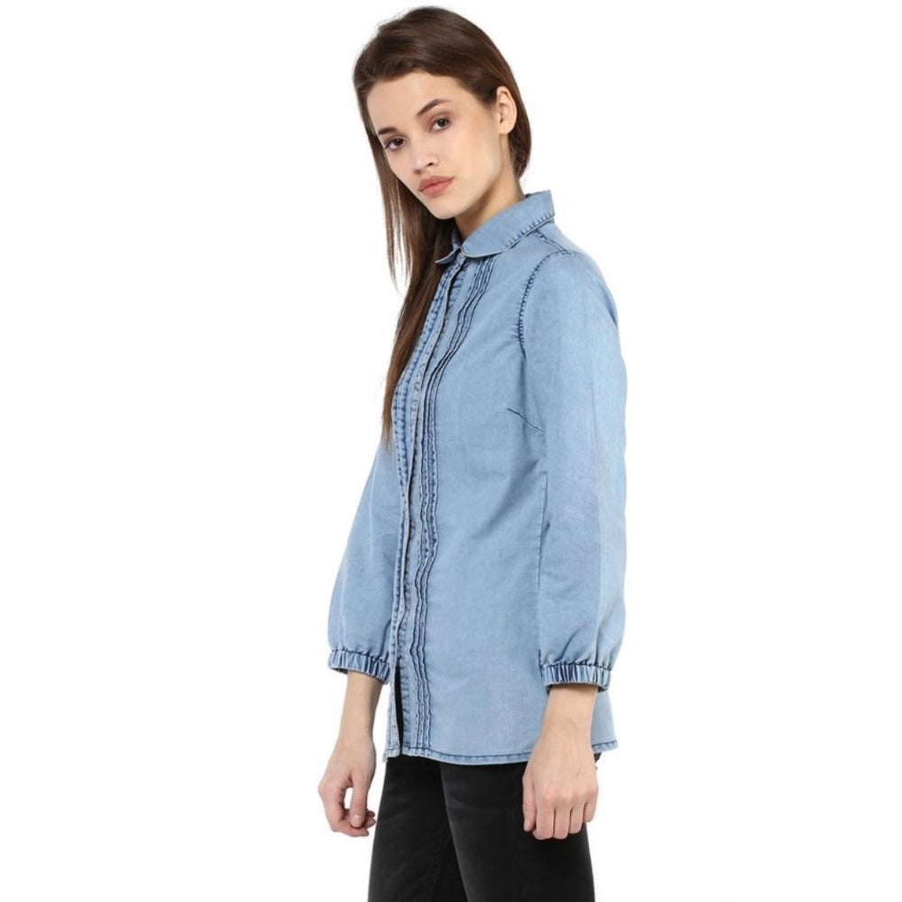 Amfyn Women's Denim Solid 3-4th Sleeves Standard Length Shirt (Blue)