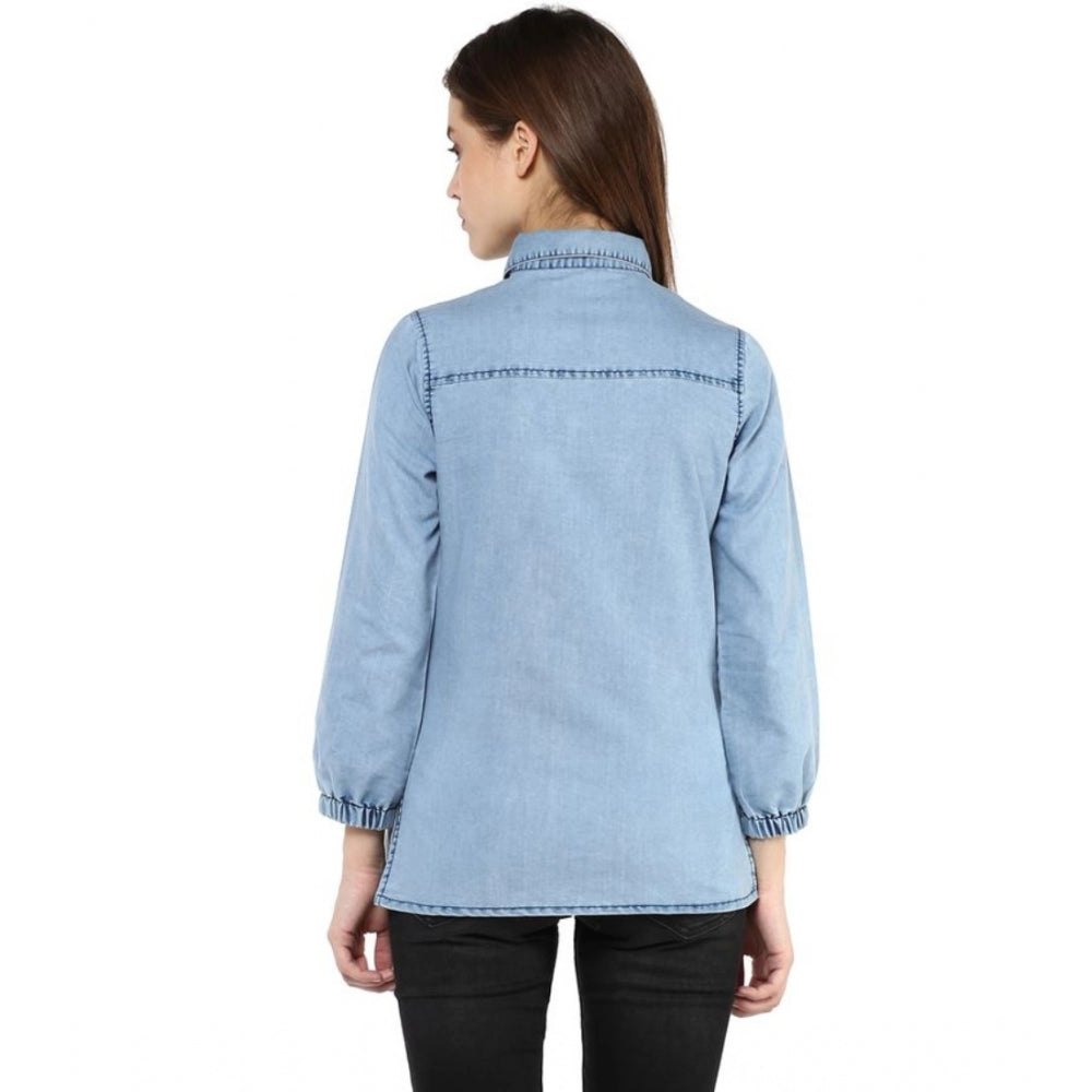 Amfyn Women's Denim Solid 3-4th Sleeves Standard Length Shirt (Blue)