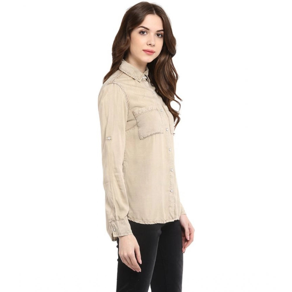 Amfyn Women's Rayon Solid Long Sleeves Standard Length Shirt (Beige)