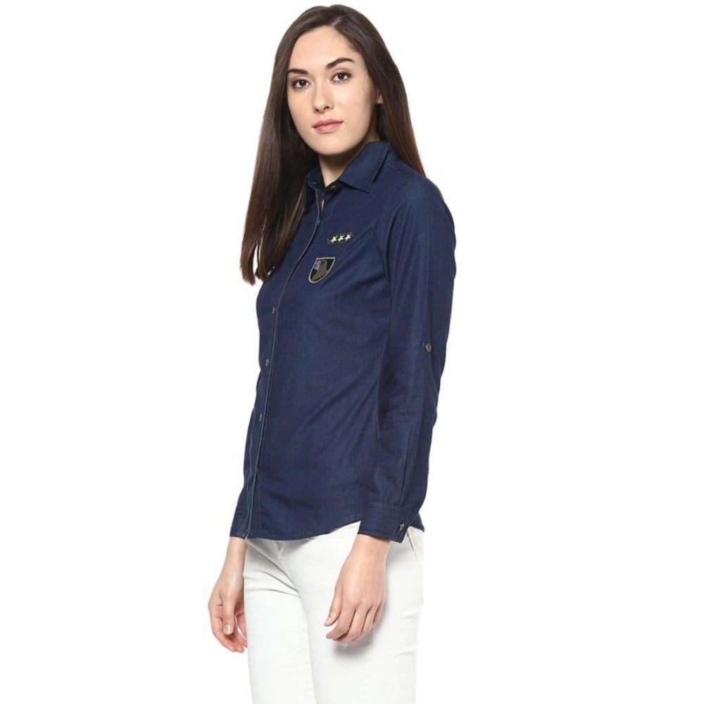 Amfyn Women's Denim Patch Work Long Sleeves Standard Length Shirt (Blue)