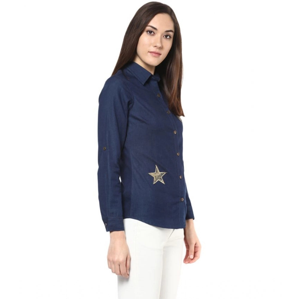 Amfyn Women's Denim Patch Work Long Sleeves Standard Length Shirt (Blue)