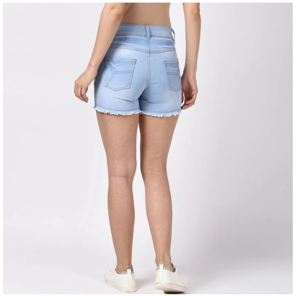 Amfyn Women's Denim Solid Buttoned Shorts (Blue)