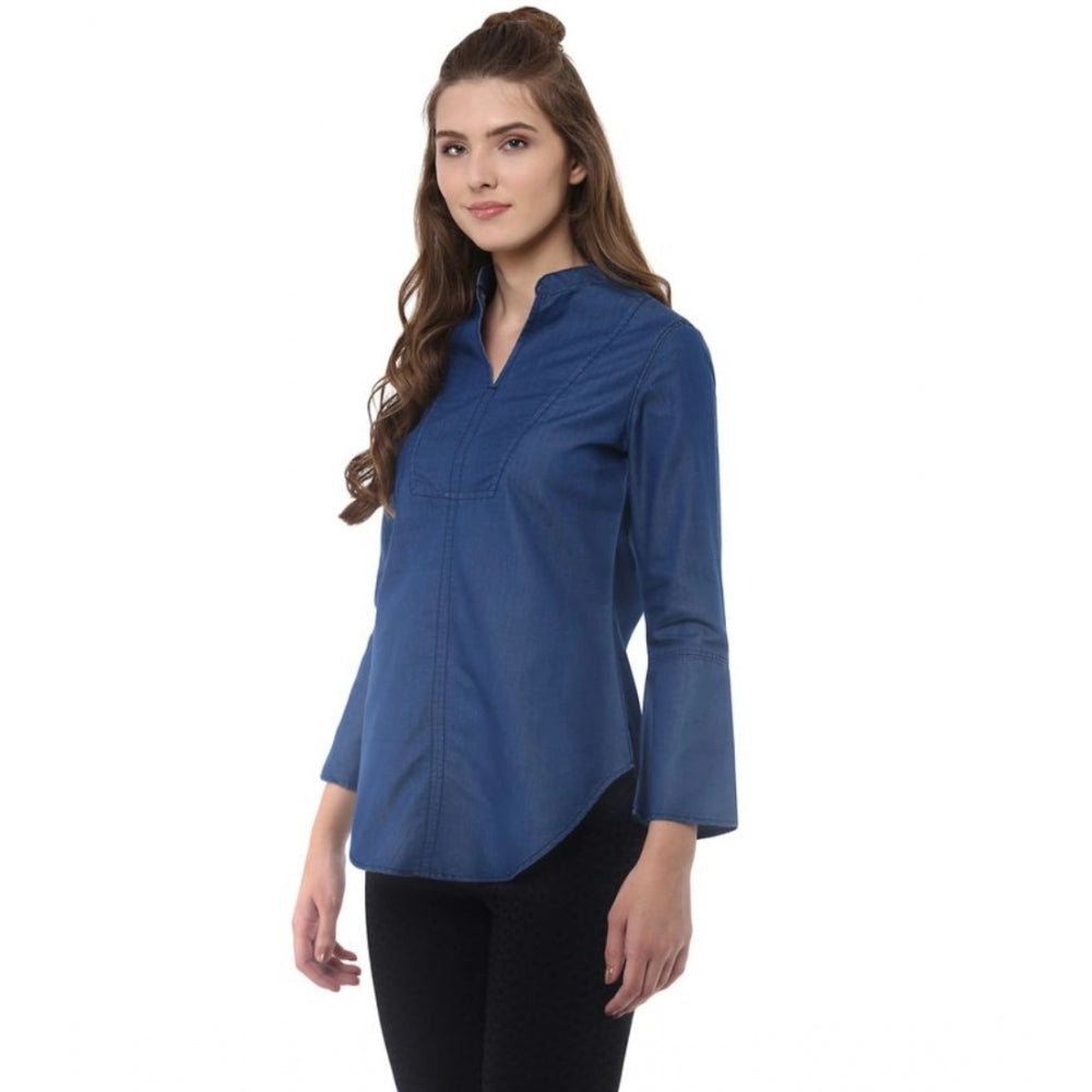 Amfyn Women's Denim Solid Bell Sleeve Regular Top (Blue Denim)