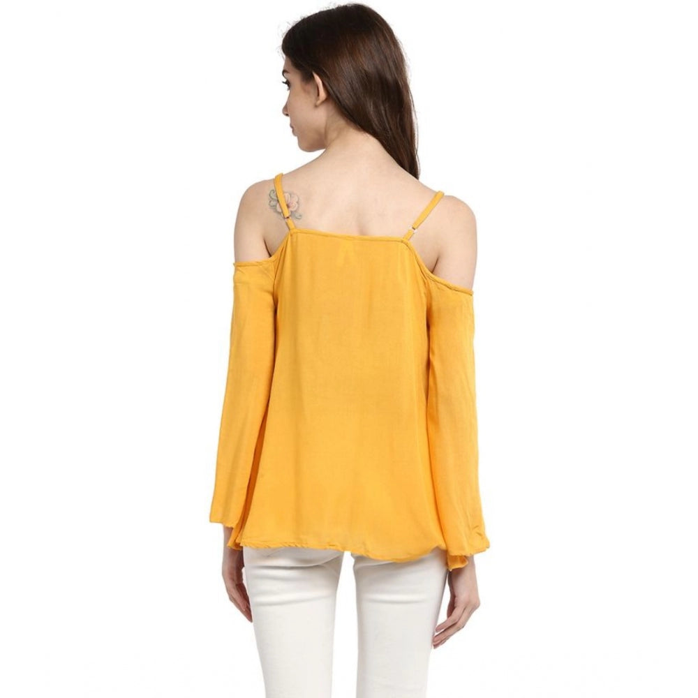 Amfyn Women's Rayon Embellished Cold Shoulder Regular Top (Mustard Yellow)