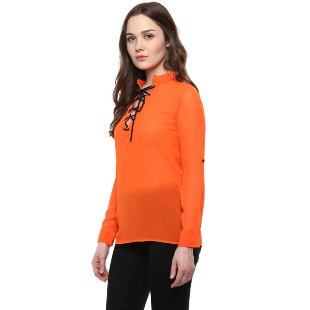 Amfyn Women's Polyester Solid Long Sleeves Regular Top (Orange)