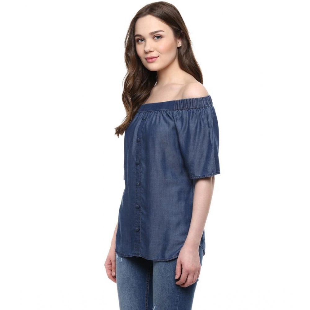 Amfyn Women's Denim Solid Short Sleeve Regular Top (Blue)