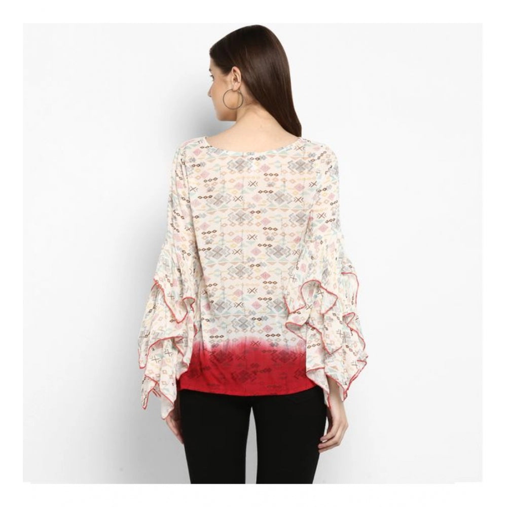 Amfyn Women's Rayon Crepe Printed Ruffle Sleeve Top (Off White - Red)