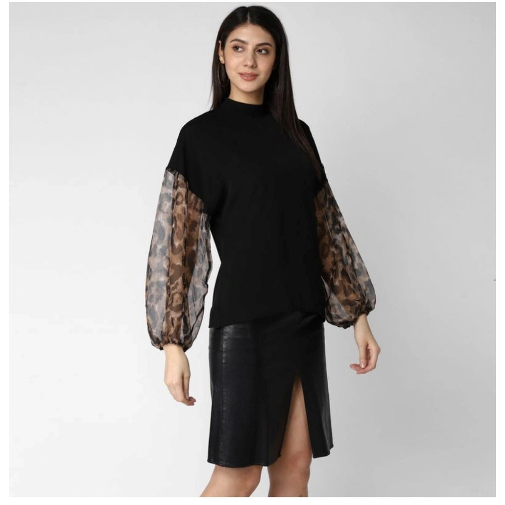 Amfyn Women's Polyester Animal Print Long Sleeves Top (Black)