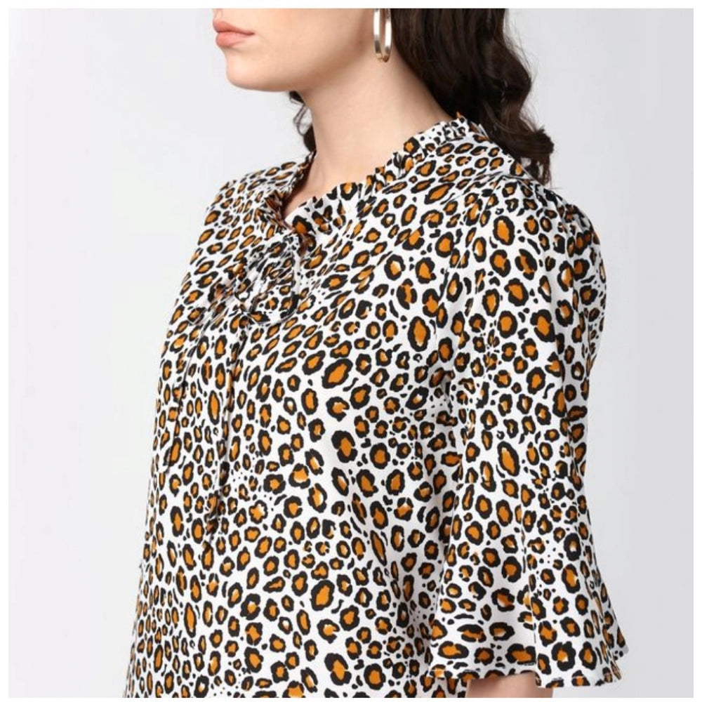 Amfyn Women's Polyester Animal Print Bell Sleeve Top (Orange - Black)