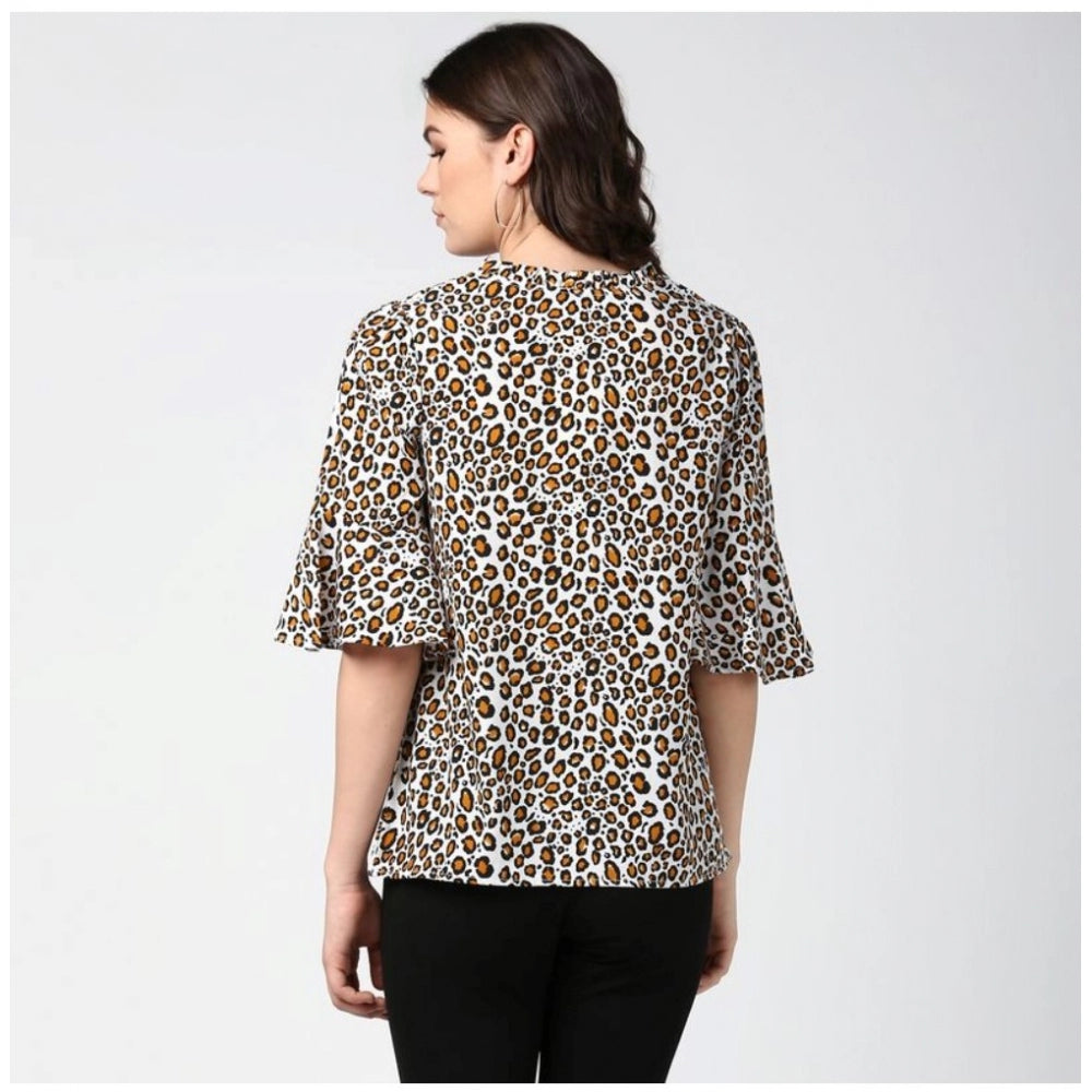 Amfyn Women's Polyester Animal Print Bell Sleeve Top (Orange - Black)