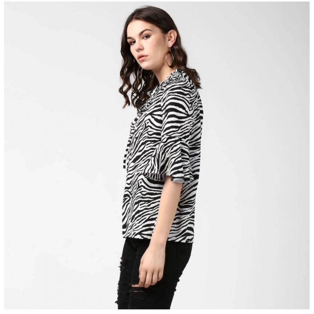 Amfyn Women's Polyester Animal Print Bell Sleeve Top (Black - White)