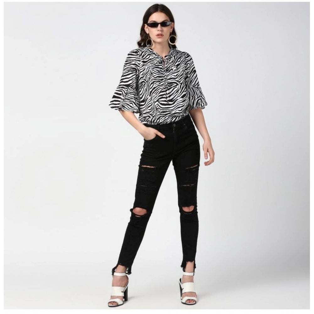 Amfyn Women's Polyester Animal Print Bell Sleeve Top (Black - White)