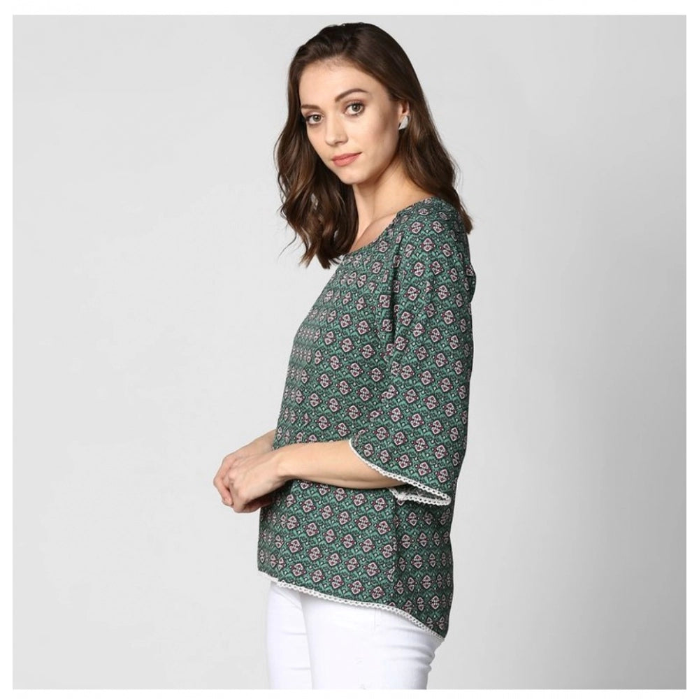 Amfyn Women's Polyester Printed 3-4th Sleeves Top (Green)