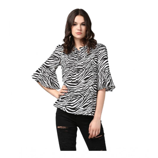 Amfyn Women's Polyester Animal Print Bell Sleeve Top (Black - White)