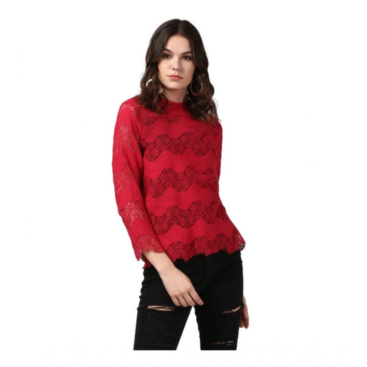 Amfyn Women's Cotton Self Design Long Sleeves Top (Maroon)