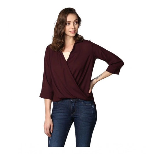 Amfyn Women's Polyester Solid 3-4th Sleeves Top (Maroon)