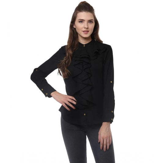 Amfyn Women's Polyester Ruffled Long Sleeves Top (Black)