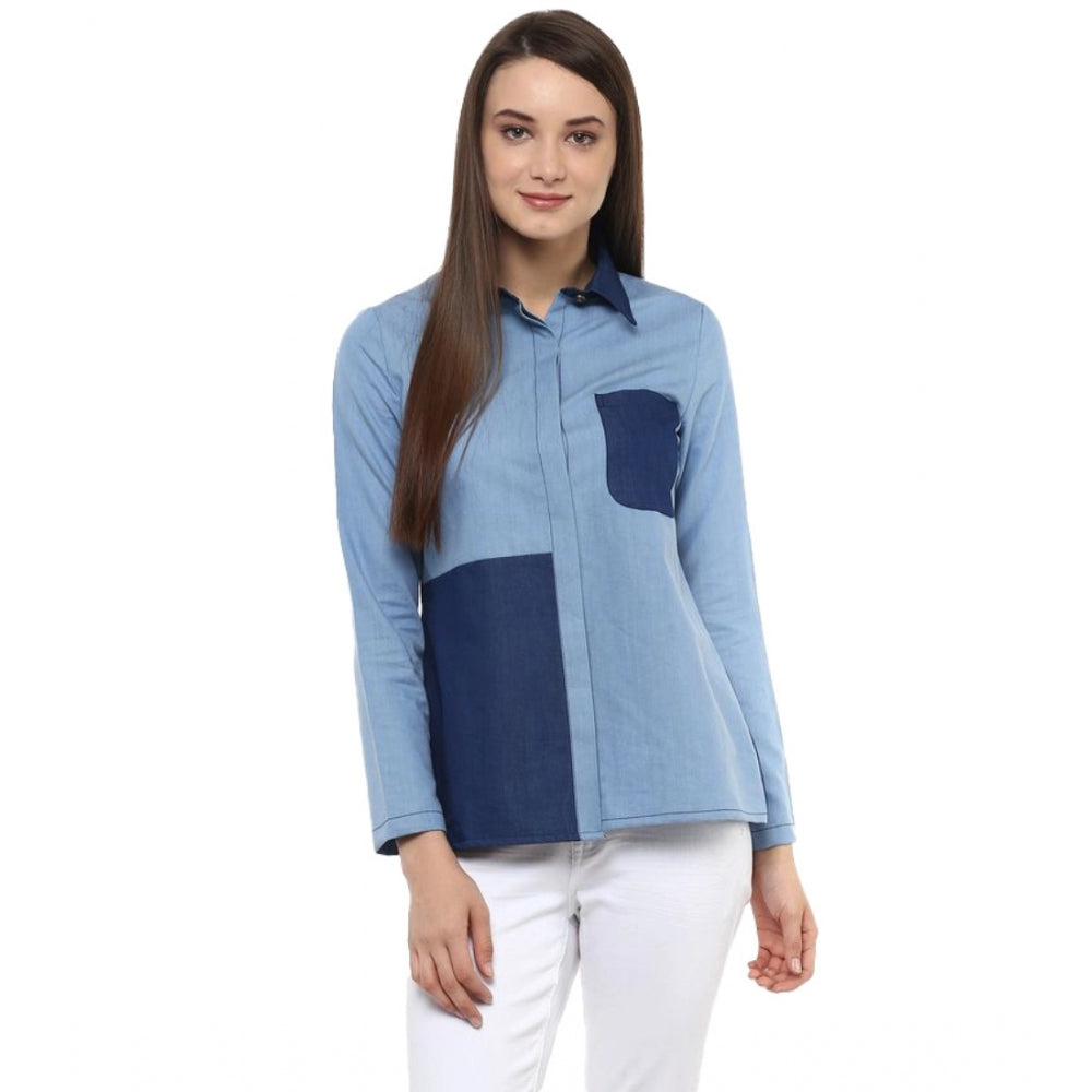 Amfyn Women's Denim Patch Work Long Sleeves Regular Top (Blue)