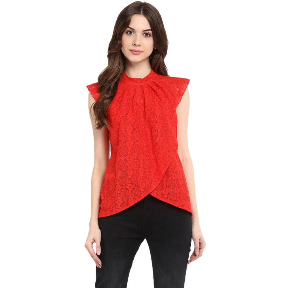 Amfyn Women's Cotton Lace Embellished Cap Sleeve Regular Top (Red)