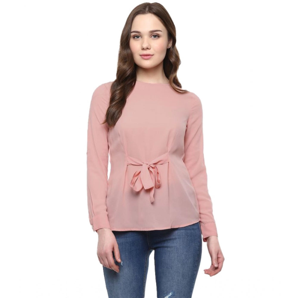 Amfyn Women's Polyester Solid Long Sleeves Regular Top (Pink)