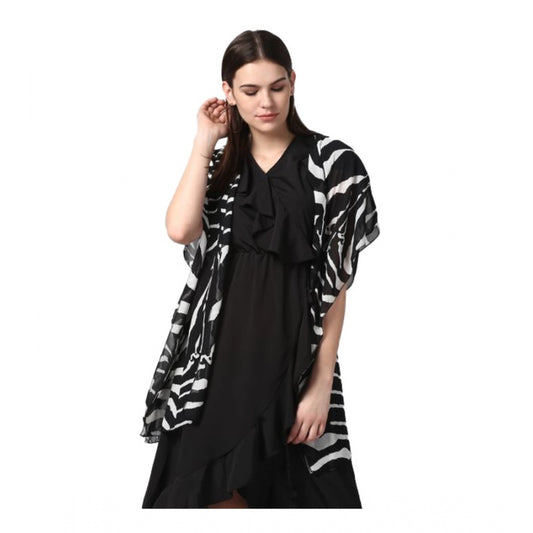 Amfyn Women's Polyester Printed Short Sleeve Shrug (Black)