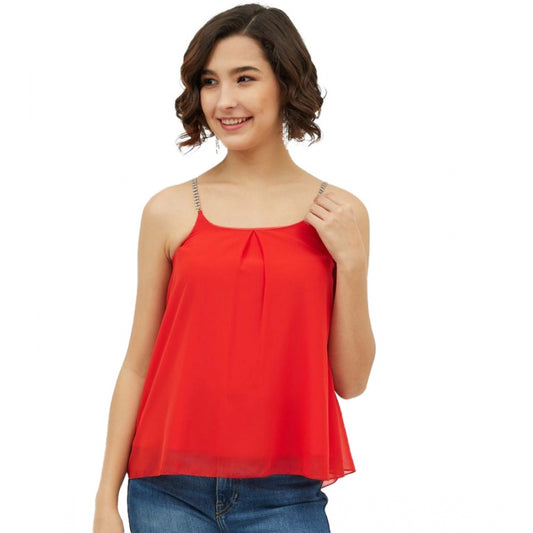 Amfyn Women's Polyester Embellished Shoulder Straps Top (Red)