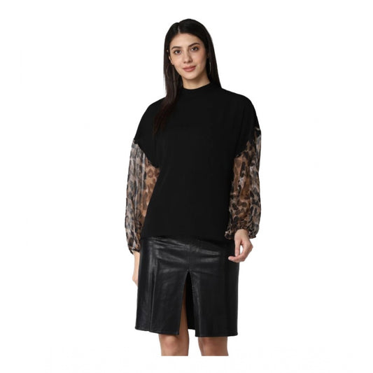 Amfyn Women's Polyester Animal Print Long Sleeves Top (Black)