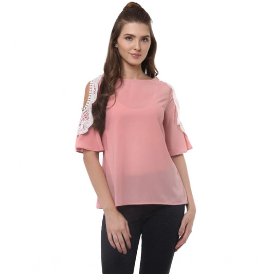 Amfyn Women's Polyester Lace Inserts Half Sleeve Top (Pink)