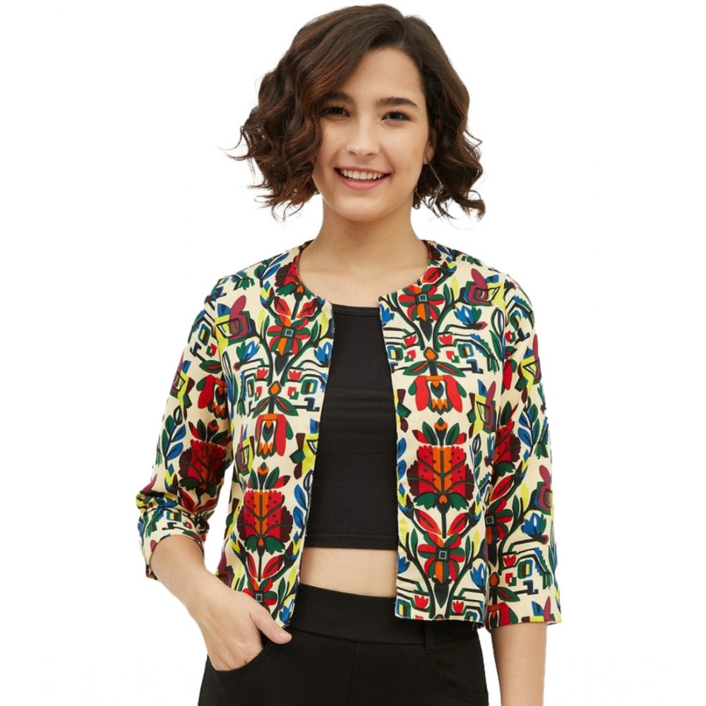 Amfyn Women's Polyester Floral 3-4th Sleeves Shrug (Multicolor)