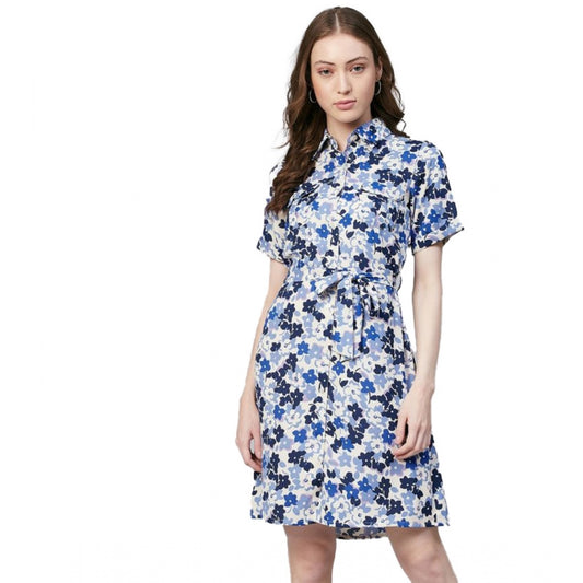 Amfyn Women's Polyester Floral Short Sleeve Above Knee Dress (Blue - White)