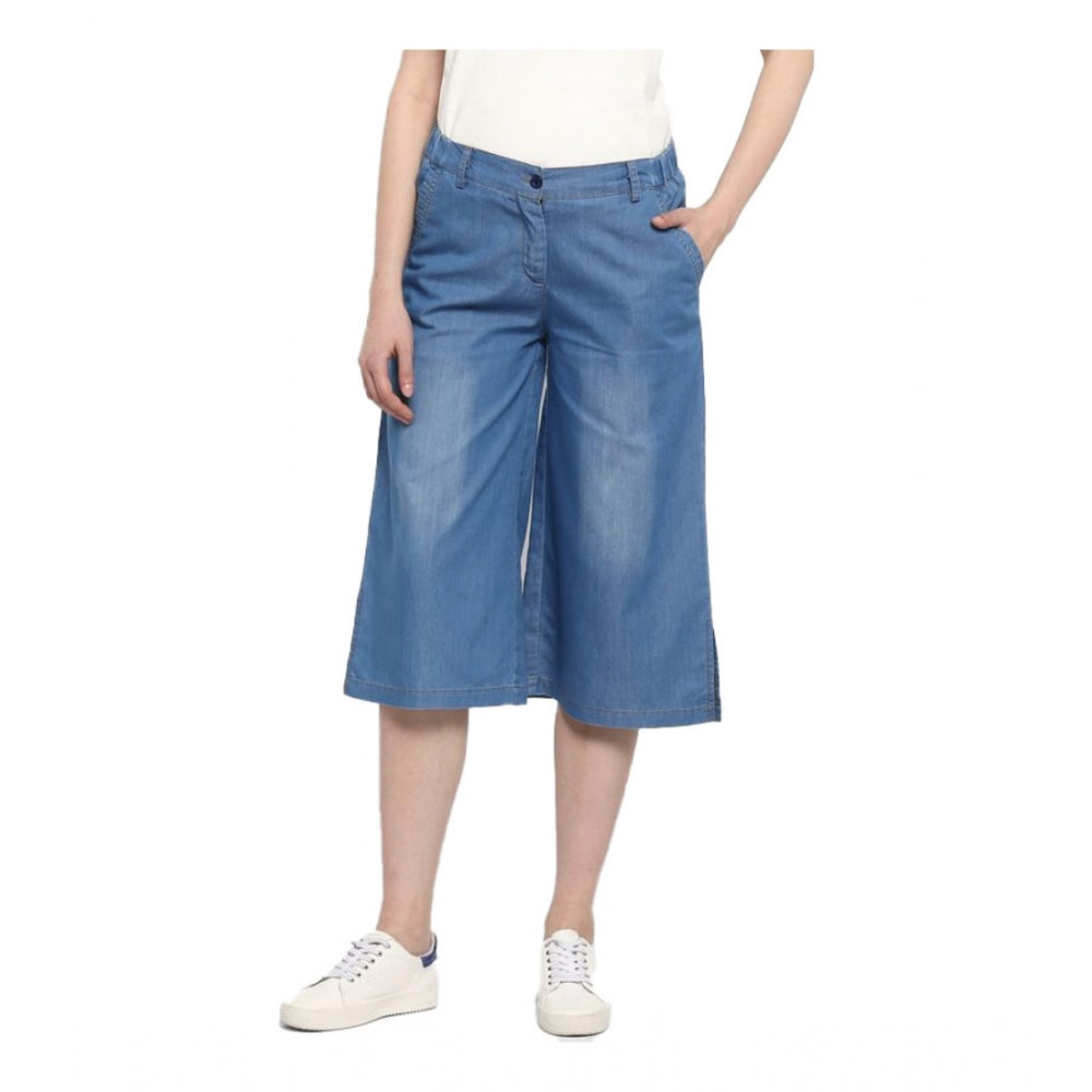 Amfyn Women's Denim Solid Buttoned Below Knee Culottes (Light Blue)