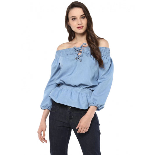 Amfyn Women's Denim Solid 3-4th Sleeves Regular Top (Blue)