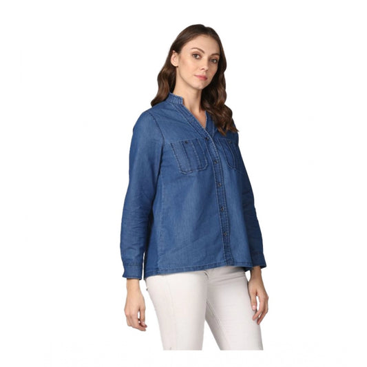 Amfyn Women's Denim Solid Long Sleeves Top (Blue)