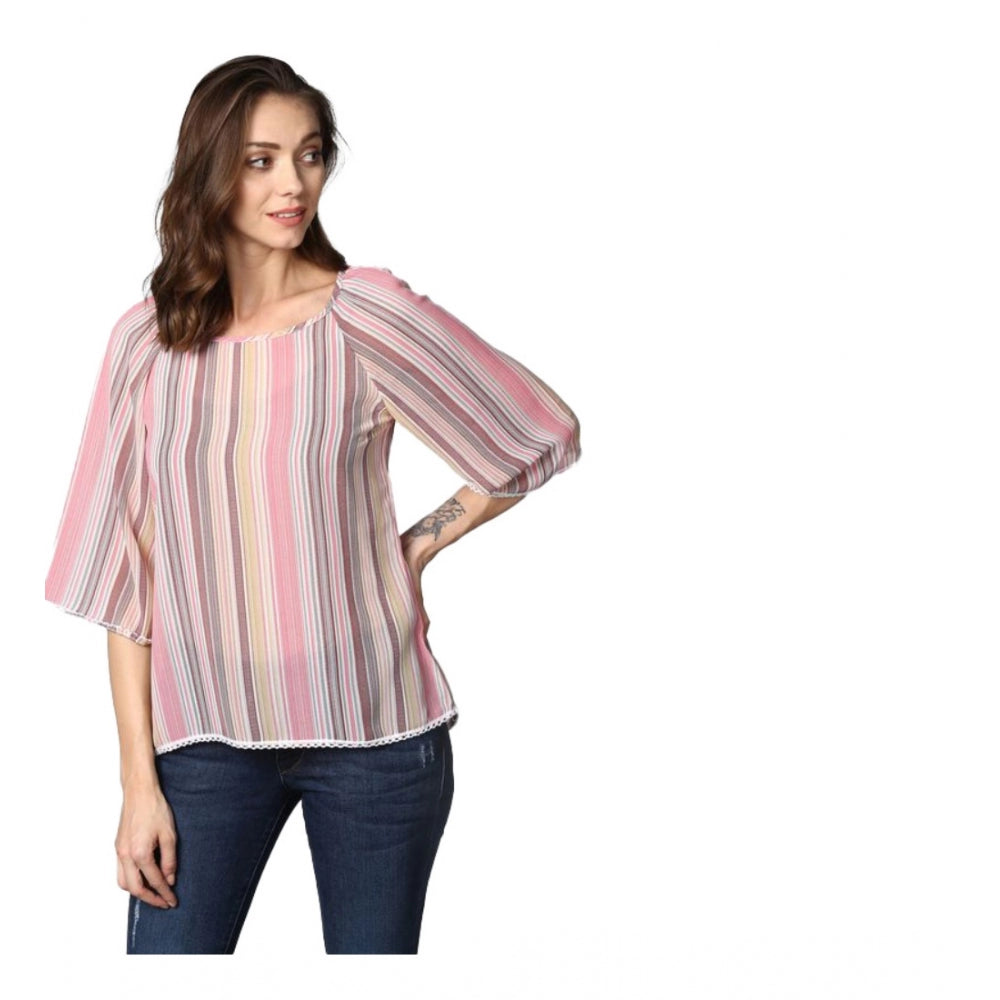 Amfyn Women's Polyester Striped 3-4th Sleeves Top (Pink)