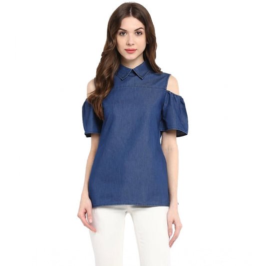 Amfyn Women's Denim Solid Cold Shoulder Regular Top (Blue)