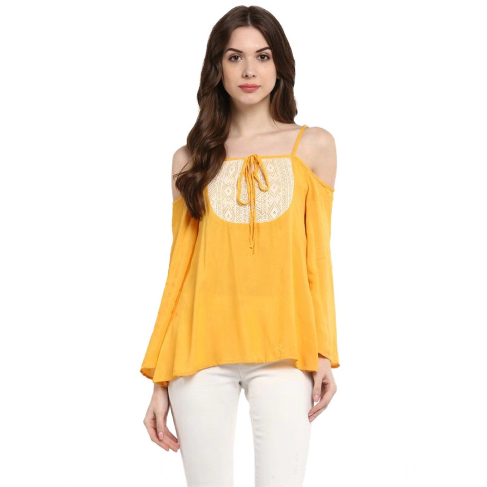 Amfyn Women's Rayon Embellished Cold Shoulder Regular Top (Mustard Yellow)