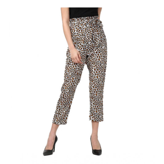 Amfyn Women's Polyester Animal Print Elasticated Trousers (White - Yellow)