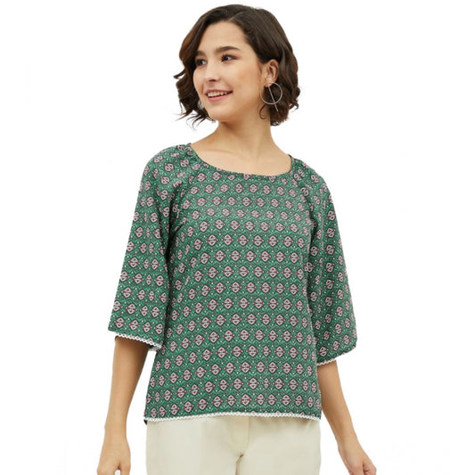 Amfyn Women's Polyester Printed 3-4th Sleeves Top (Green)