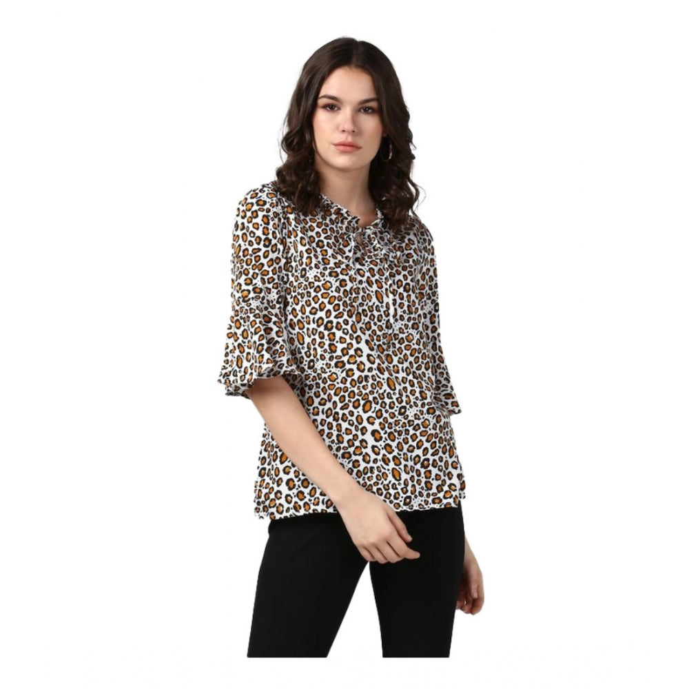 Amfyn Women's Polyester Animal Print Bell Sleeve Top (Orange - Black)