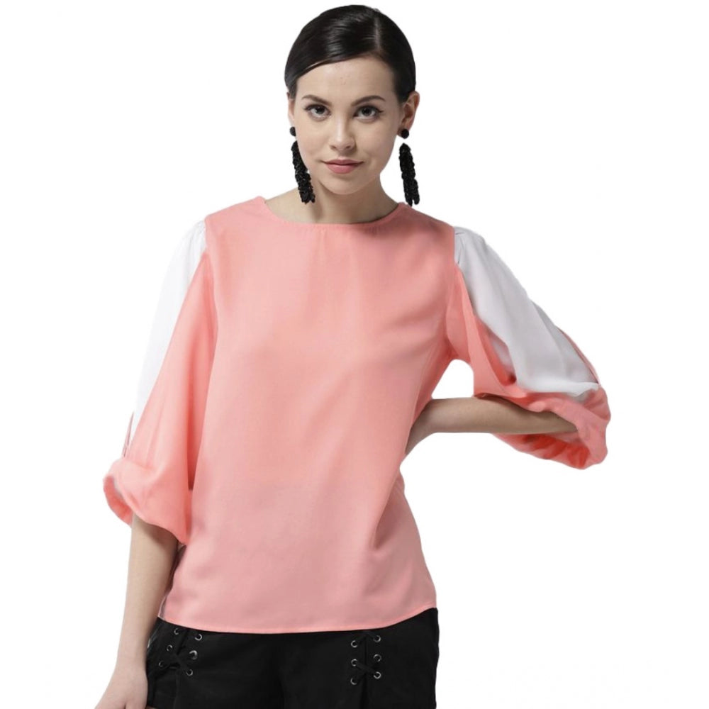 Amfyn Women's Polyester Colour Block Slit Sleeve Top (Pink)