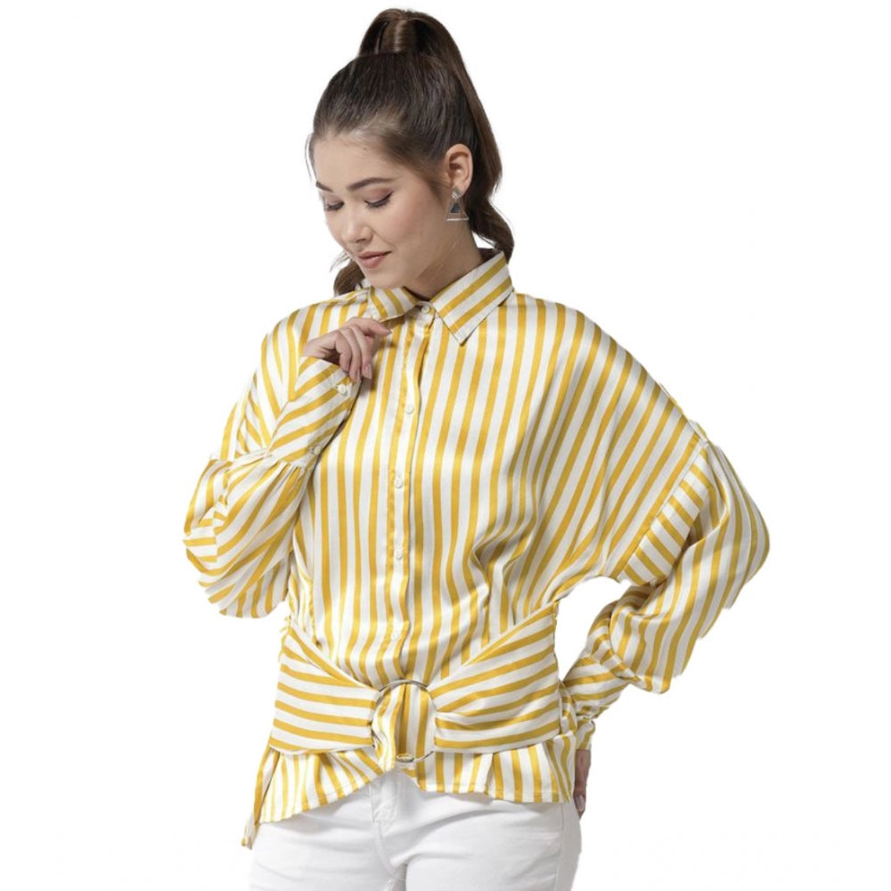 Amfyn Women's Polyester Striped Long Sleeves Top (Yellow)