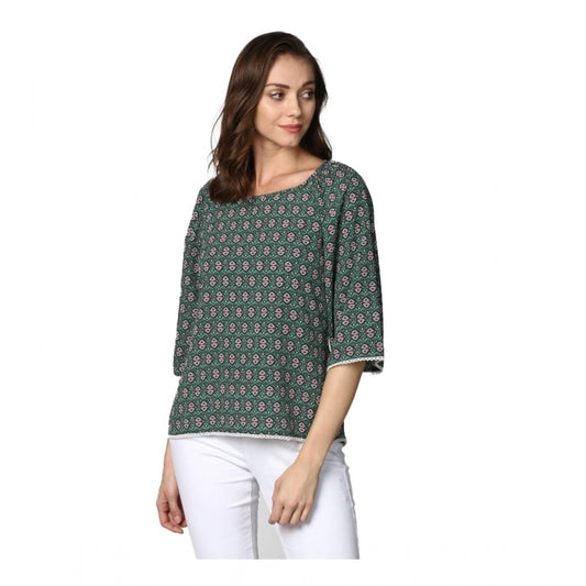 Amfyn Women's Polyester Printed 3-4th Sleeves Top (Green)