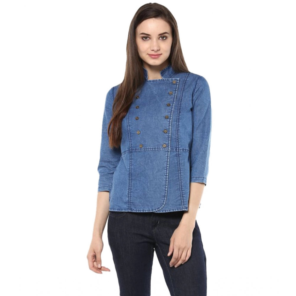 Amfyn Women's Denim Solid 3-4th Sleeves Regular Top (Blue)