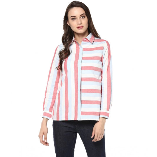 Amfyn Women's Cotton Striped Roll Up Sleeve Regular Top (Red)