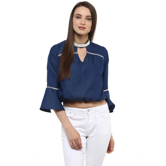 Amfyn Women's Polyester Solid Bell Sleeve Regular Top (Blue)