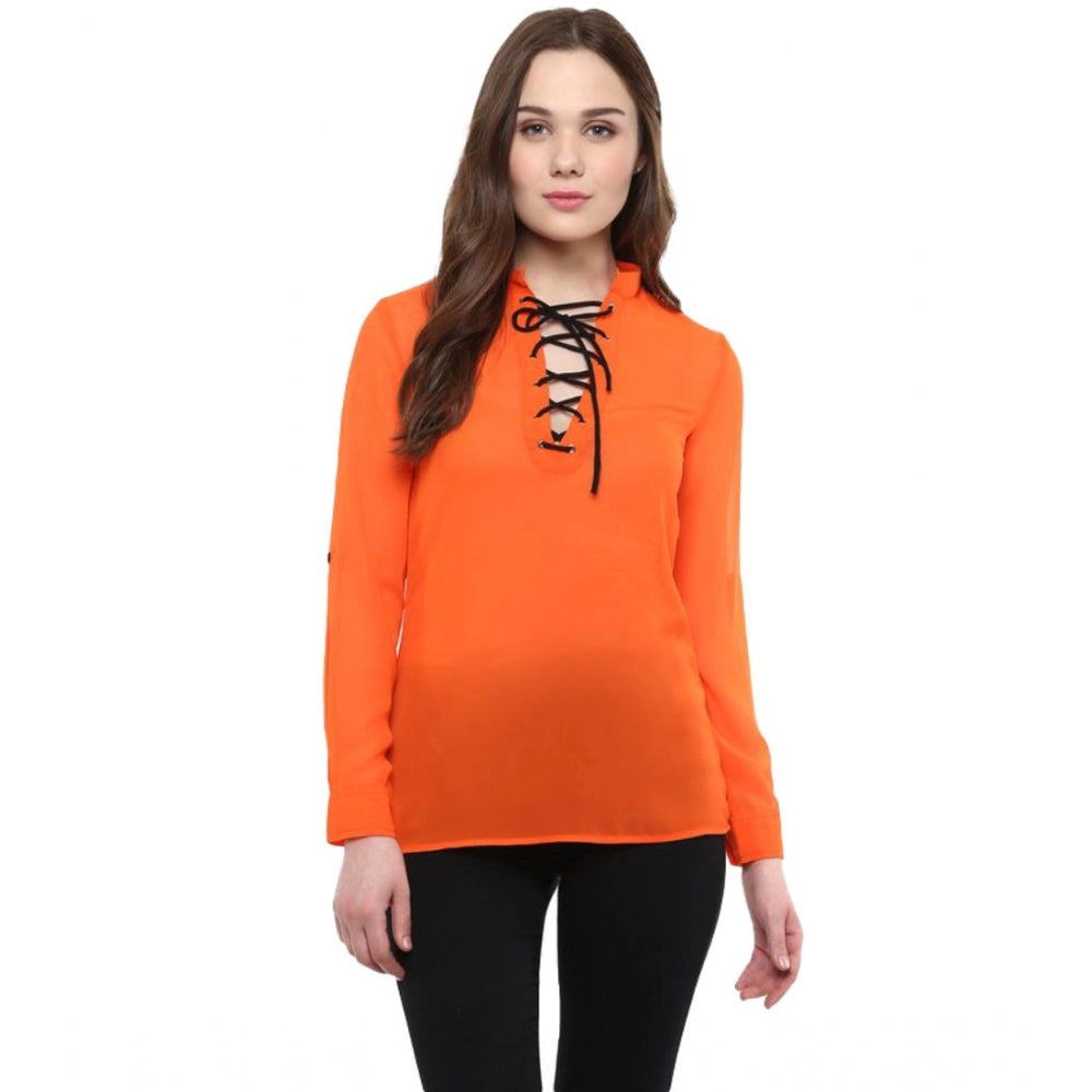 Amfyn Women's Polyester Solid Long Sleeves Regular Top (Orange)