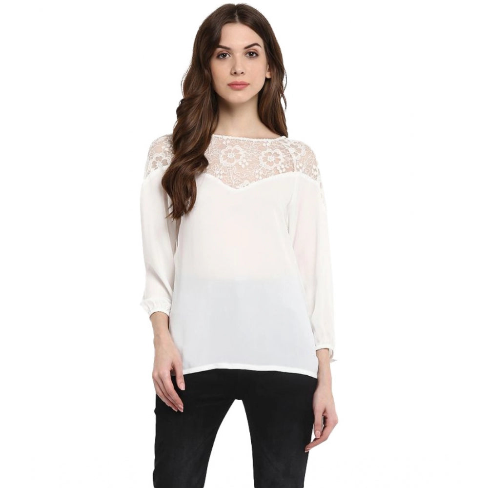 Amfyn Women's Polyester Georgette Self Design 3-4th Sleeves Regular Top (White)