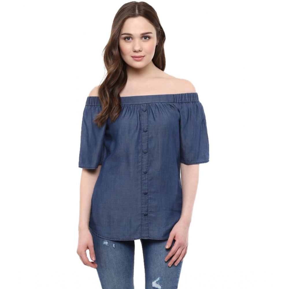 Amfyn Women's Denim Solid Short Sleeve Regular Top (Blue)