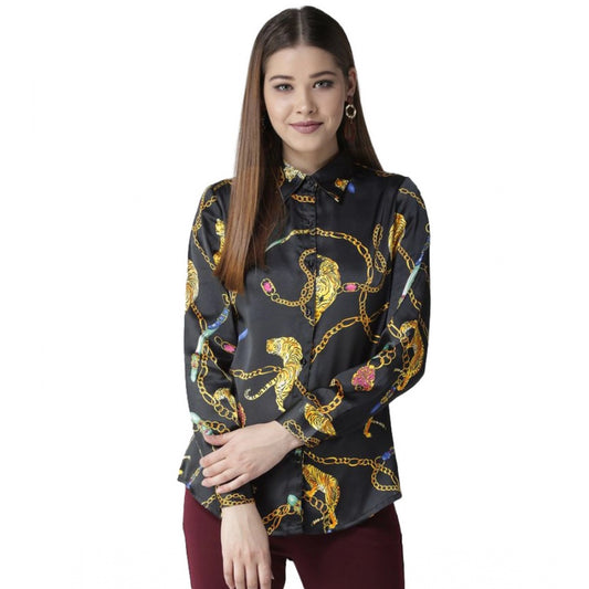 Amfyn Women's Satin Printed Long Sleeves Standard Length Shirt (Black - Gold)